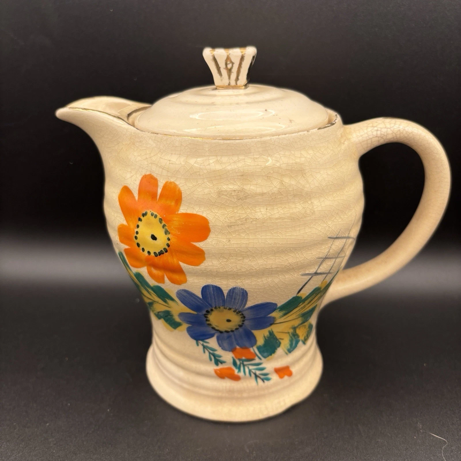 Studio Art Deco 1930's Tea Pot Hand Painted Crackle Glaze Antique 574g Large