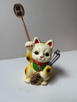 Lucky Maneki Neko Cat Japanese Resin Figurine Nail Clipper Earpick 3.75''H VTG