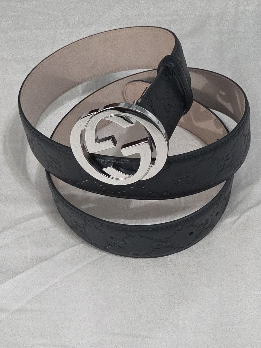 Authentic Gucci Black Leather Monogram Belt Silver GG Fits 36-38