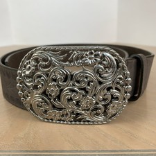 Nine West Woman's Genuine Leather Belt Silver Metal Oval Pierced Filigree Buckle