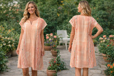 Uncle Frank Ivy Jane Boho M Peach Dress Embroidered Fringe Trim Pockets Cotton