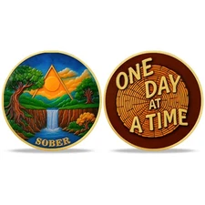 One Day At A Time Sobriety Coin - Forest & Sun -AA Chips Medallion Sobriety Gift