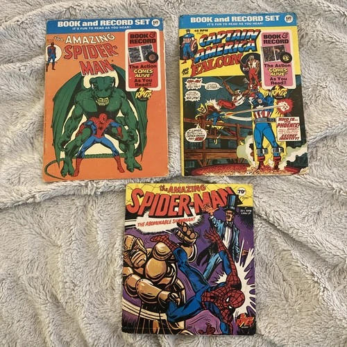 1974 Captain America & the Falcon Book & Record Set Marvel Comic Lot 3 Vntg