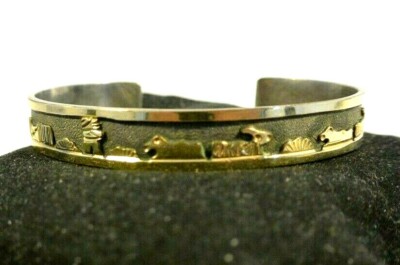 signed FLOYD BECENTI Navajo BRACELET ''Story Teller'' Sterling Silver w/12K GOLD
