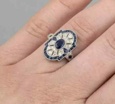Art Deco Style Sapphire Lab Created Diamond Wedding 14K White Gold FN Ring