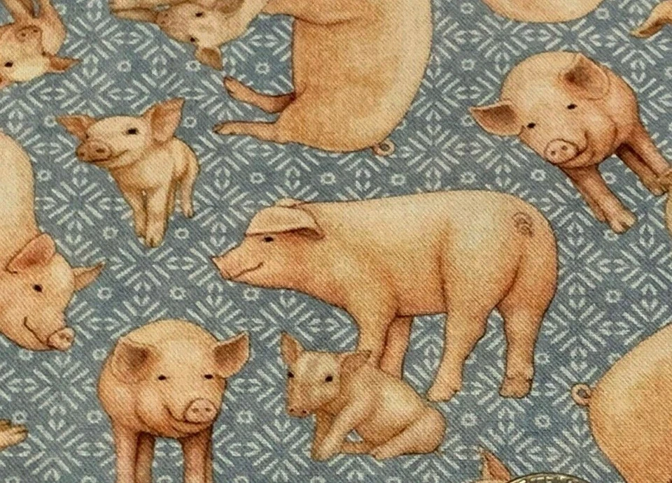 Fabric Pigs Farm Greener Pastures on Blue Cotton QT 1/4 Yard 28087B - Image 3 of 4
