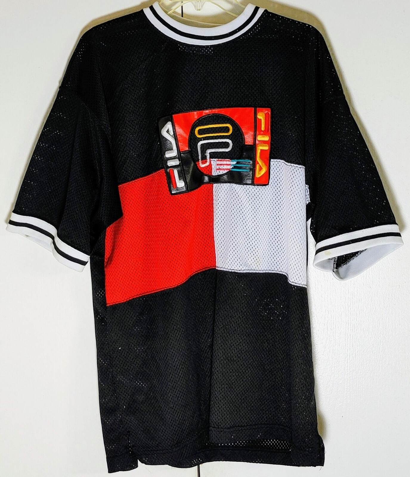 Camicia in maglia vintage anni '90 FILA a maniche corte da uomo XL rosso nero bianco