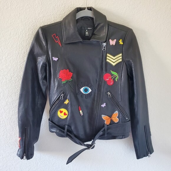 Aqua black patch moto leather jacket size XS Retail $348 | eBay
