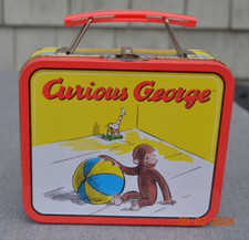 VTG 1998 Curious George Mini Tin Lunch Box Red Handle Monkey w/ Ball