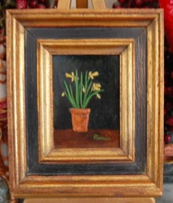 VTG FRAMED IMPASTO OIL IRIS FLOWERS ON POT A PRIMITIVE STILL LIFE SIGNED: REMI