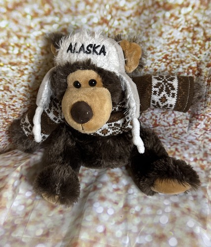 Alaska Stuffed Animal - Plush Brown Bear with hat and sweater - sits 9" tall