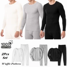 Mens Winter 100% Cotton Waffle Knit Thermal Long Johns Warm Underwear 2Pcs Set
