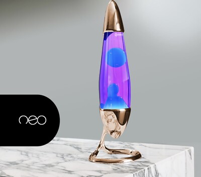 Mathmos Copper Neo Lava Lamp with Turquoise Wax In Violet Liquid.