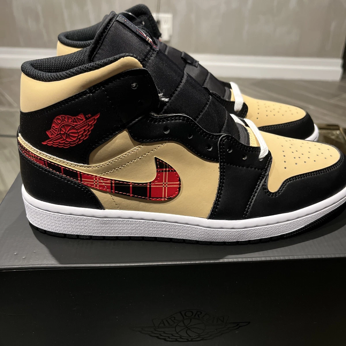 Red white hotsell gold jordans