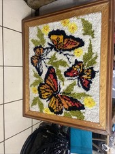Vintage 70s Framed Latch Hook Rug Butterflies And Flowers 34x31  