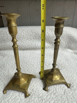 Pair of Antique Brass Candle Holders, Square Base, 10 Inch, Traditional, Taper