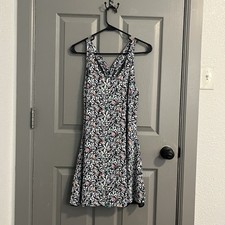 Mini Vestido LOFT Azul Marino Rosa Teal Floral Hoja Estampado de Pájaros Verano Viaje Espalda Cruzada S