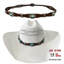 Hat Band, Brown Leather with Turquoise Conchos, Bonded Leather