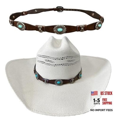 Hat Band, Brown Leather with Turquoise Conchos, Bonded Leather