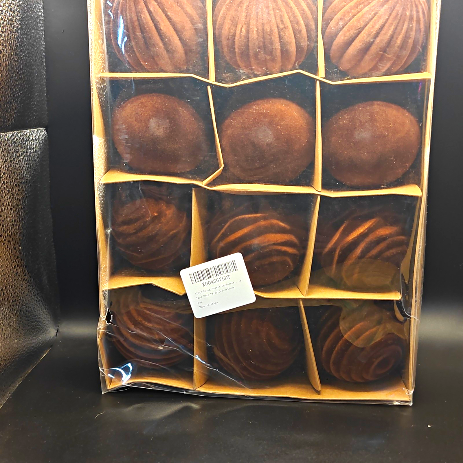 Brown Flocked Christmas Bauble Ornaments Set of 12, Hanging Round 3.15 in