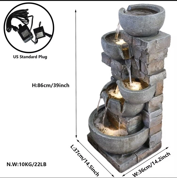 Outdoor Water Fountain with LED Lights, Resin Bowl Waterfall Fountain for Garden - Image 2 of 3