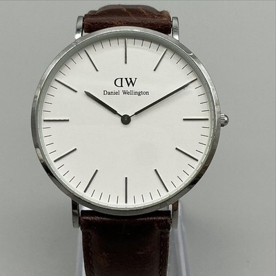Daniel Wellington Mens Watch 41mm White Dial Brown Leather Strap New Battery