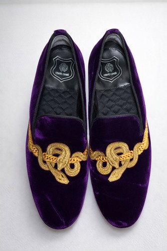 Roberto Cavalli Purple Velvet Loafers Gold Snake Embroidered Italian EU 45