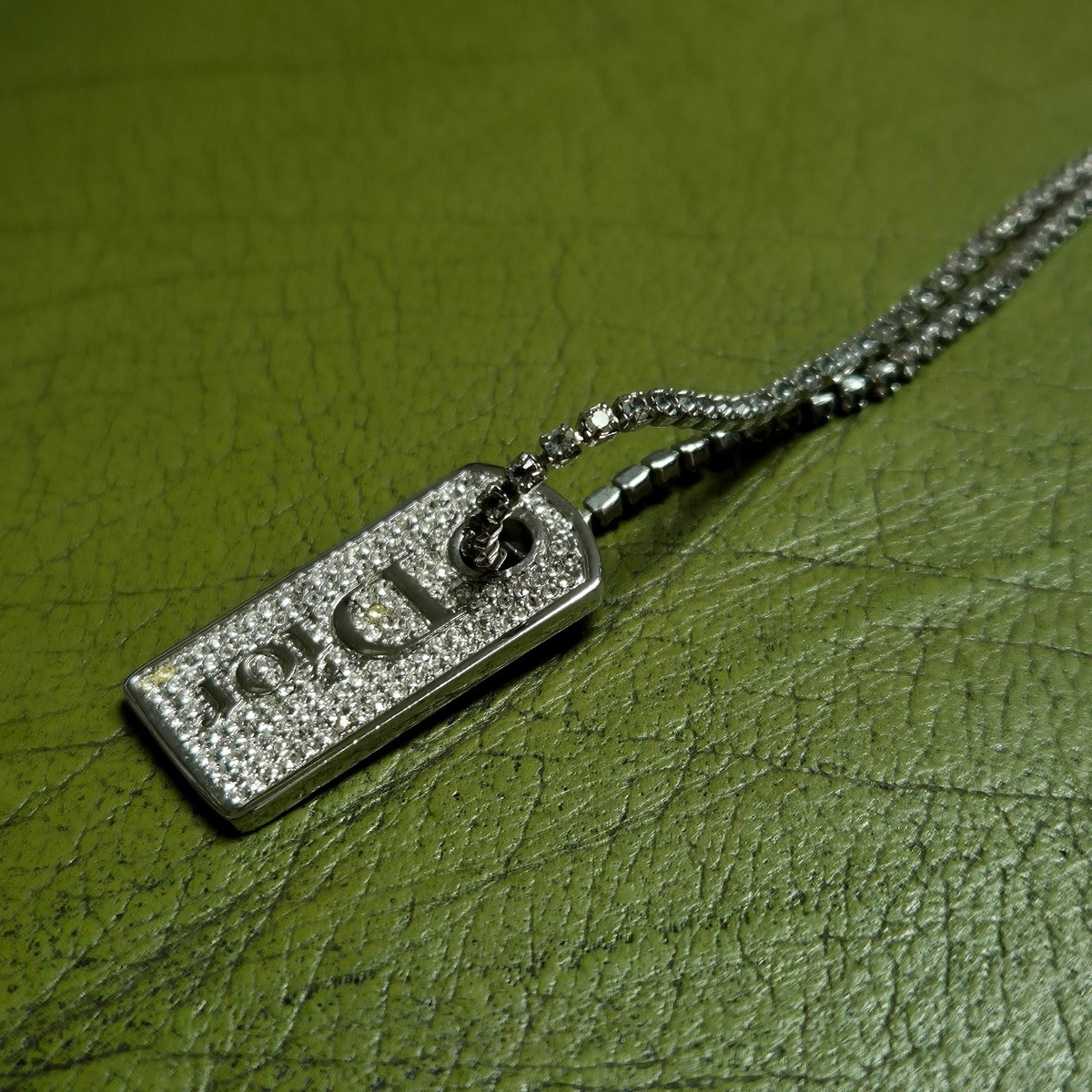 Dior Crystal Silver Dog Tag Long Chain Choker Necklace Vintage Y2k