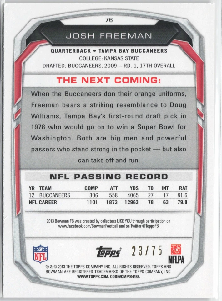 Josh Freeman 2013 Bowman Gold #76 /75 Tampa Bay Buccaneers - Image 2 of 2