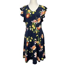 Ann Taylor Stretchy Navy Blue Floral Knee Length Flutter Sleeve Dress M Petite