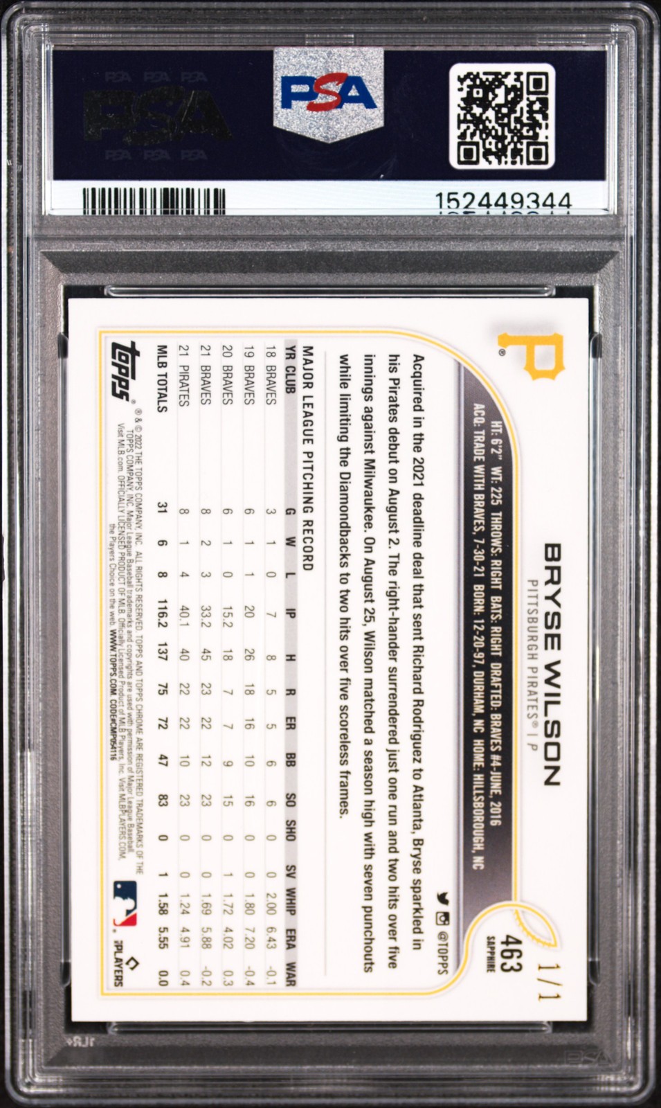 2022 TOPPS CHROME SAPPHIRE EDITION SUPERFRACTOR 1/1 #463 BRYSE WILSON 1/1 PSA 8 view 2