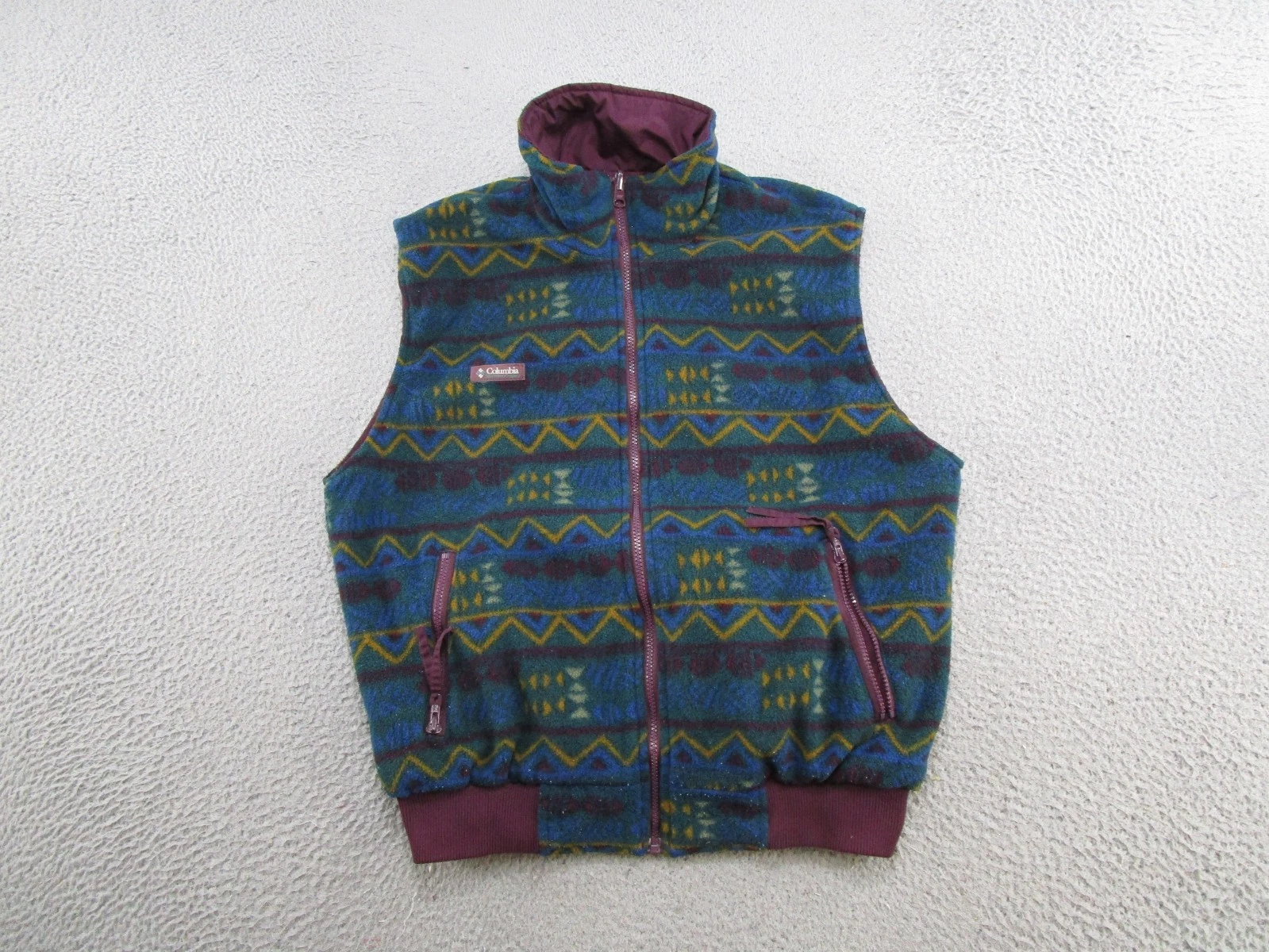 Vintage Columbia Reversible Vest Geometric Aztec Print Size M Green 90s Read