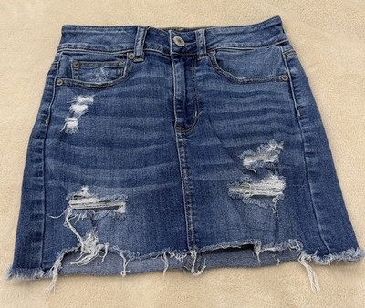 American Eagle Outfitters Super Stretch Y2K Jean Skirt Raw Hem Destroyed Size 0