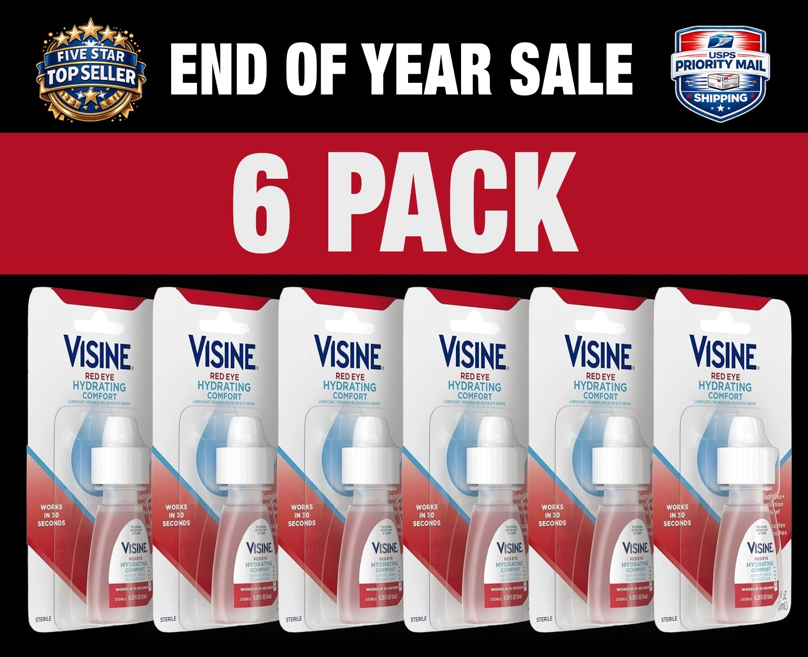 6 Pack Visine Red Eye Hydrating Lubricant Eye Drops, 0.28 fl oz