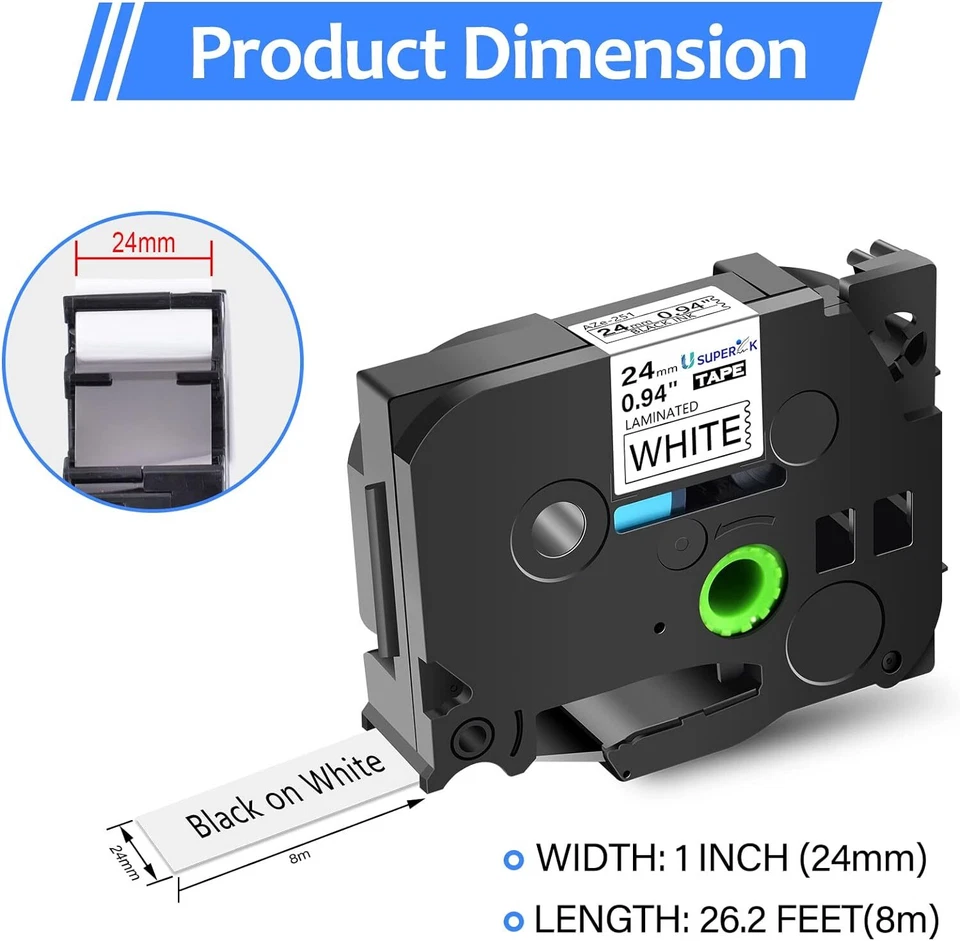 24mm TZ-251 TZe-251 Black on White 1" Label Tape For Brother P-touch 5 Pack US - Image 2 of 4