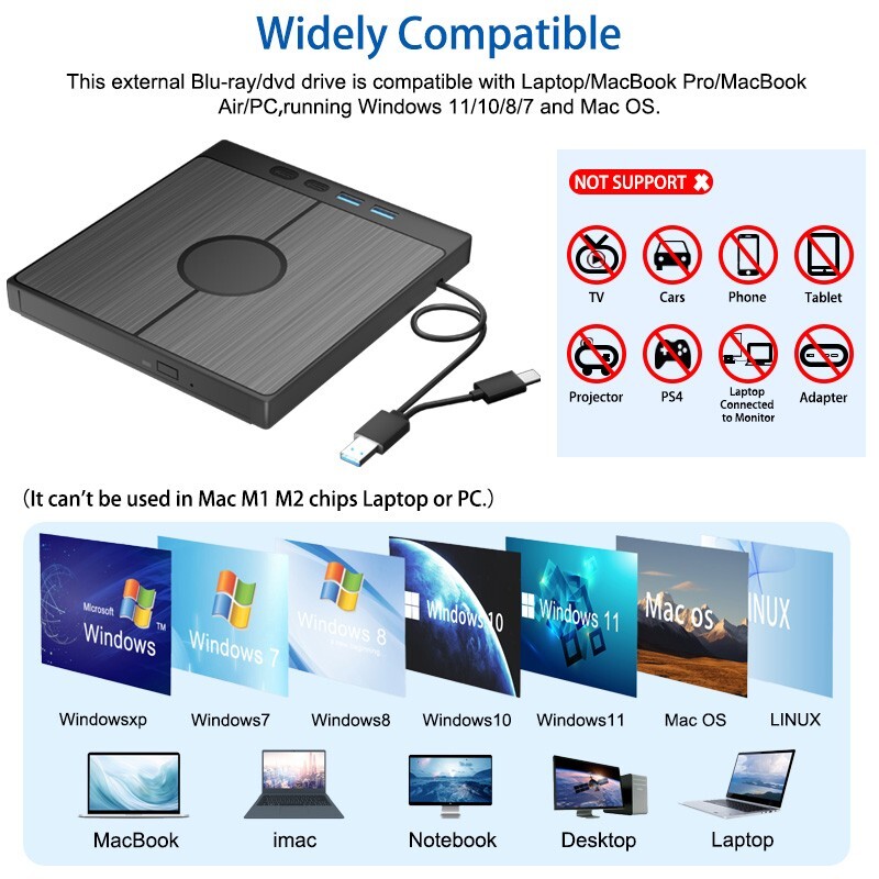 7-in-1 External Blu ray Drive USB 3.0 BD/CD/DVD-RW Player Burner ...