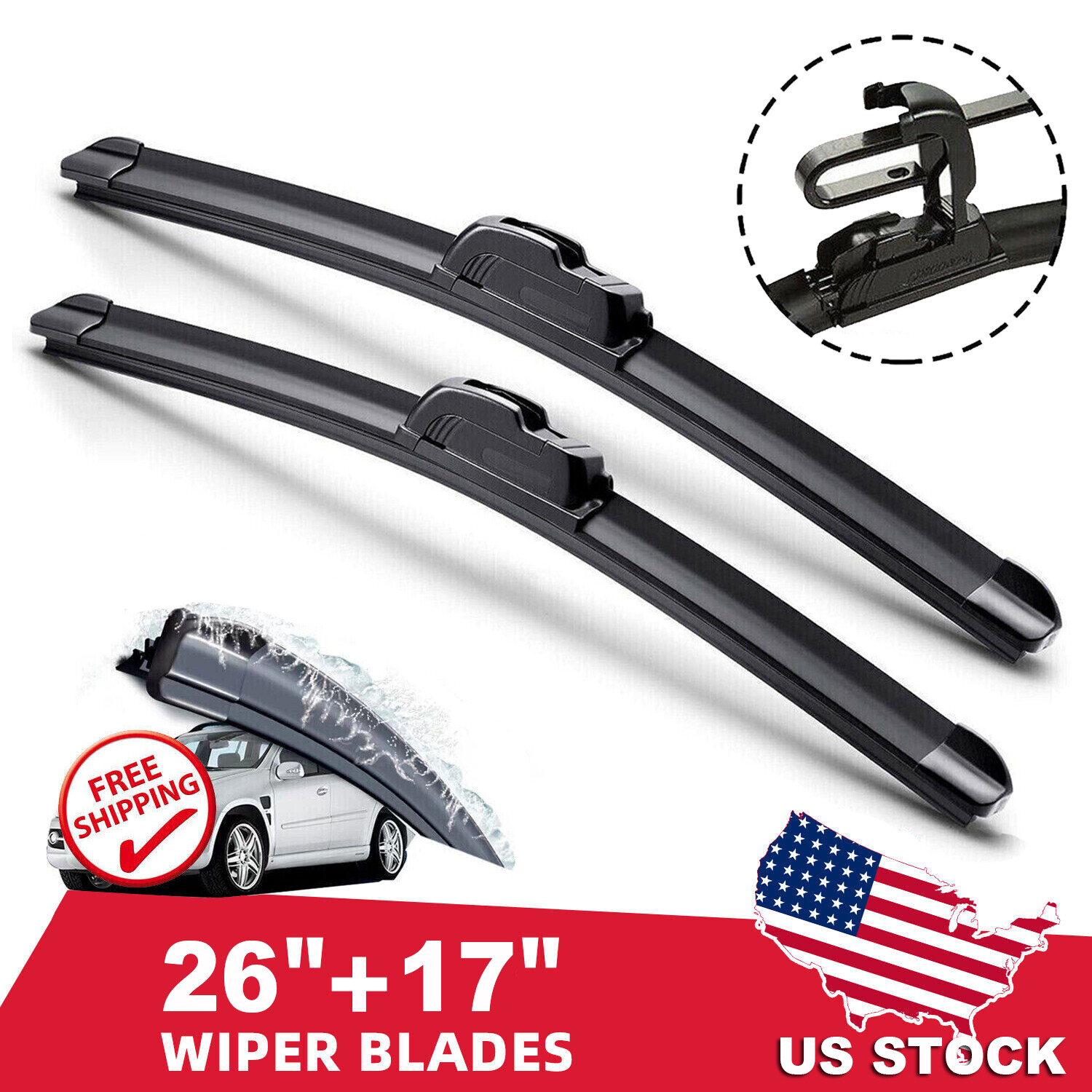 26"&17" Windshield Wiper Blades Premium OEM Hybrid silicone J-Hook High Quality