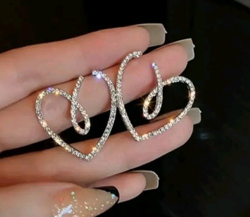 ♡Gorgeous Silver Finish Sparkly Diamante Open Heart Earrings NEW♡ - Picture 8 of 9