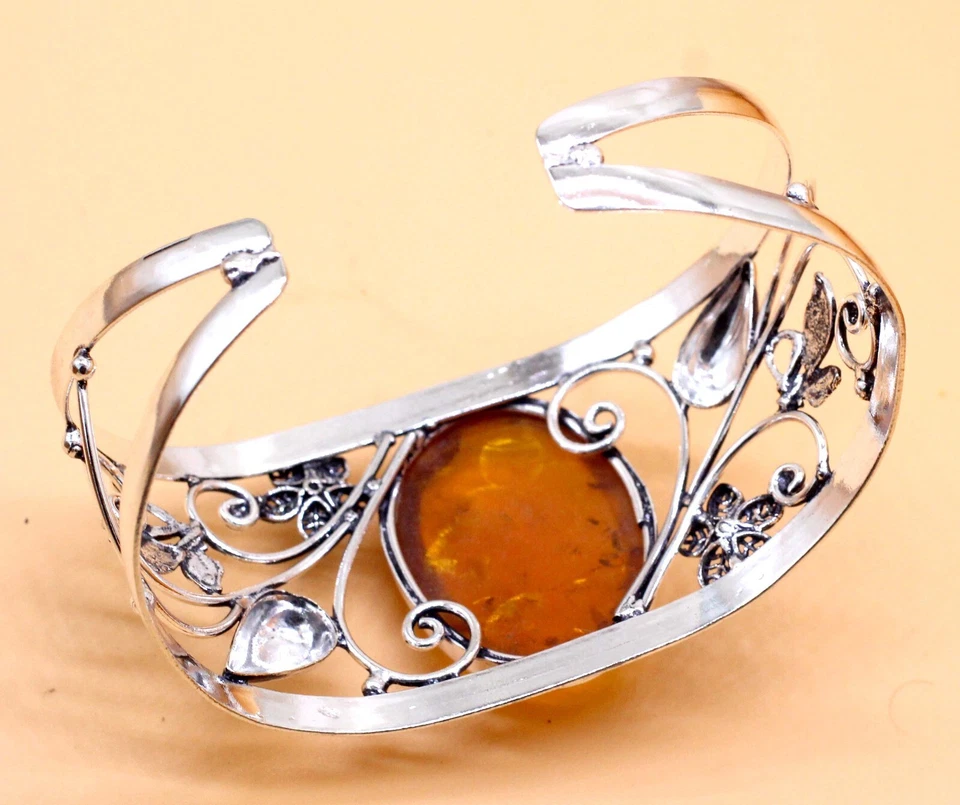 Bracelete de prata esterlina 925 com pedra preciosa âmbar feito à mão - Imagem 3 de 4