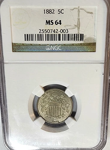 Exquisite 1882 Shield Nickel 5C MS64 NGC High Grade, Brilliant Uncirculated !!!