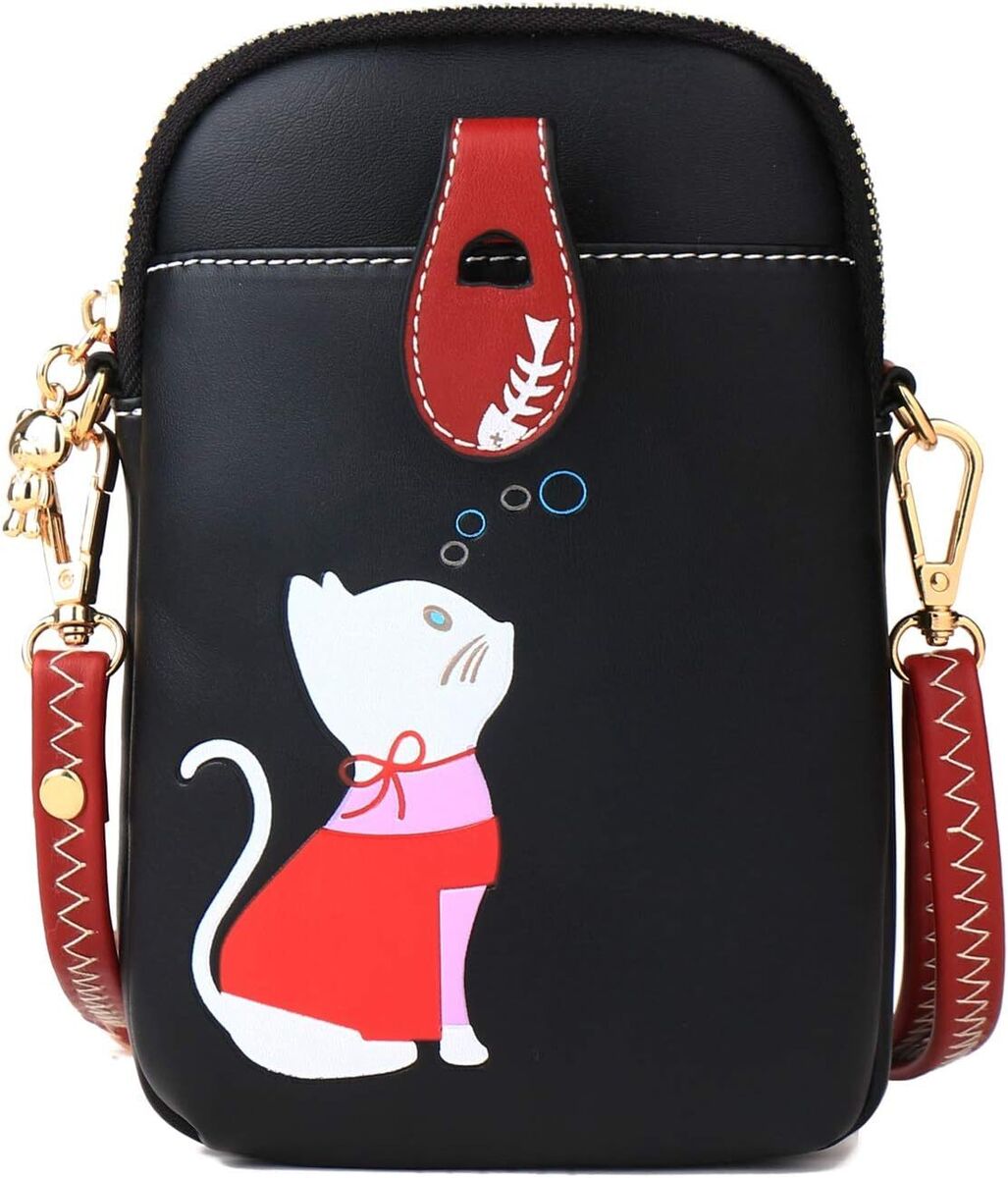 Sunshinejing Small Crossbody Phone Bag for Women Leather Cute Cat Black Sunshinejing Small Crossbody Phone Bag for Women Leather Cute Cat Black
