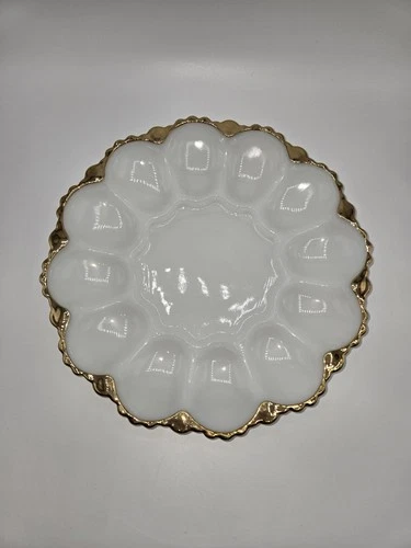 Vintage Anchor Hocking White & Gold Milk Glass Dish Deviled Egg Plate Tray