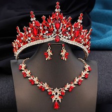 Elegant Crystal Tiara Necklace Earrings Crown Set For Women Wedding Bridal 3pc