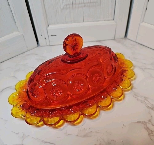 Vintage Smith UV reaktiv Glas Mond & Sterne Amberina bedeckt Butterdose leuchtet - Bild 1 von 10