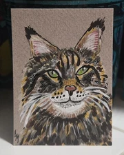 ACEO Original Art Painting Maine Coon Cat Long Hair Mixed Media OOAK ATC Mini 