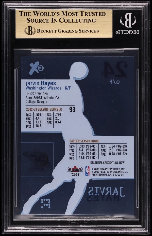 JARVIS HAYES 2003-04 Fleer E-X Credenciales Esenciales Ahora 44/93 BGS 9.5 Gema Como Nueva Foto 2 de 2