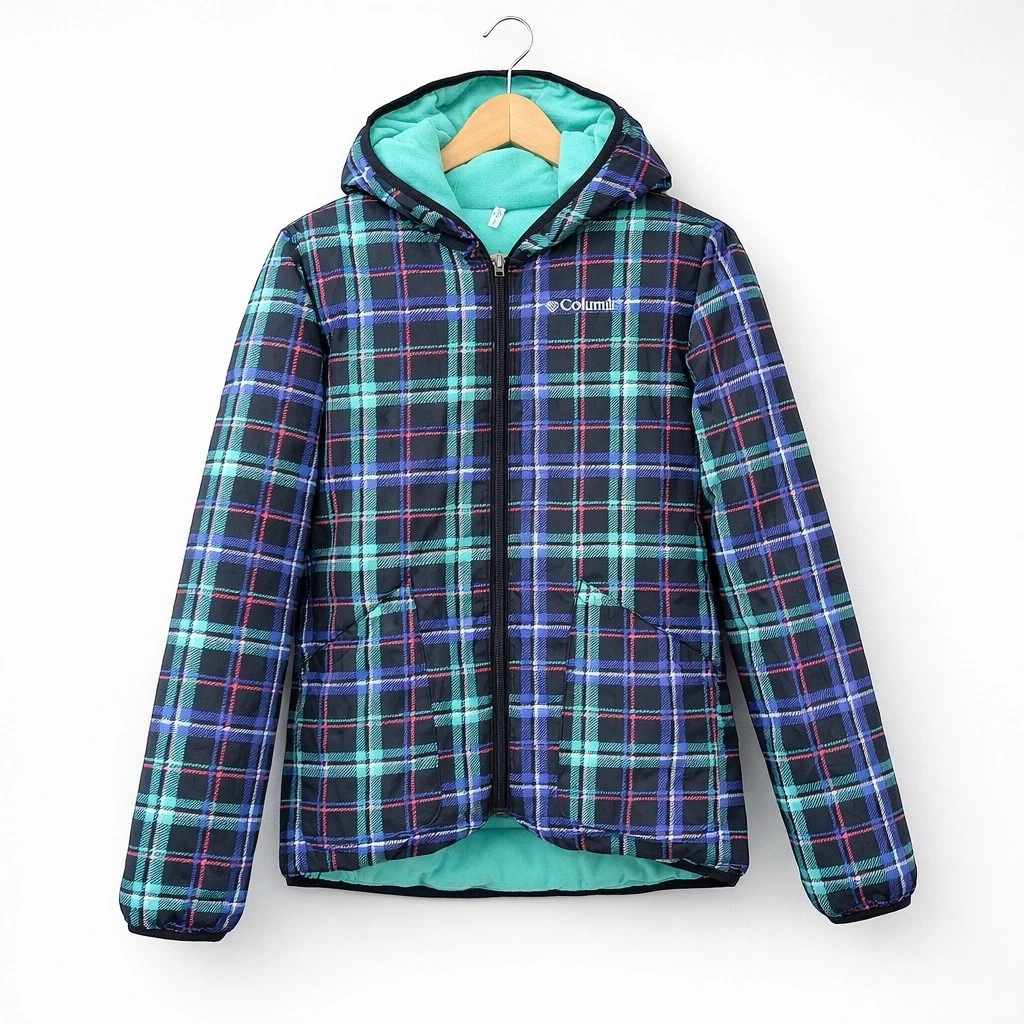 Columbia Reversible Hooded Puffer Jacket Plaid/Teal Kids L (14/16)