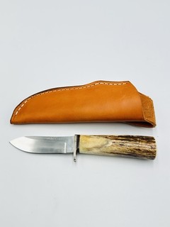 VINTAGE MORSETH 1991 CUSTOM HUNTING KNIFE STAG HANDLE WITH LEATHER SHEATH
