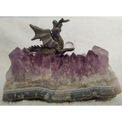 Pewter Fire Dragon Figurine with Crystal Ball on Amethyst Crystal Cluster Rock