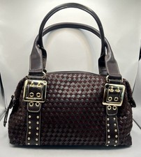 Vintage Brown Woven Satchel with Gold Tone Buckle Detail